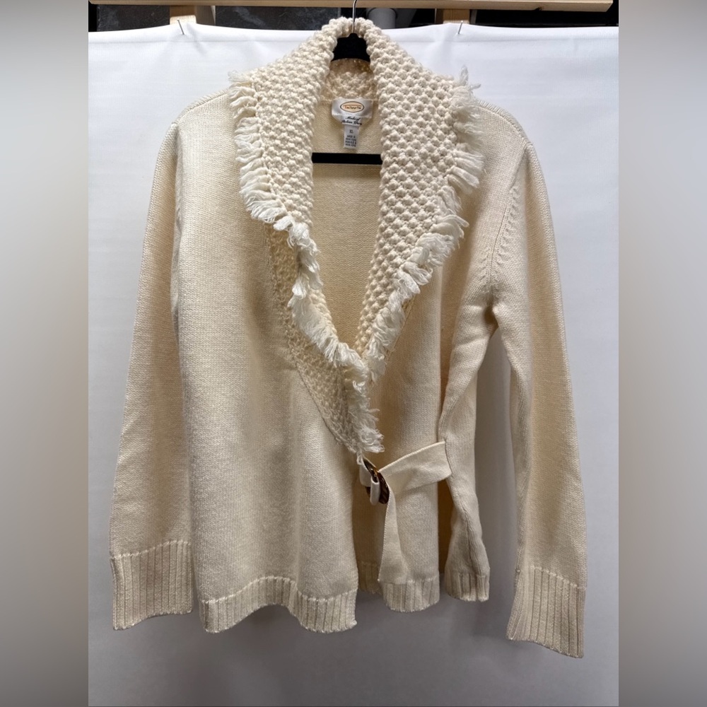 Talbots Cardigan Sweater Ivory Sz XL Merino Blend Fringed‎ Shawl Collar Buckle
